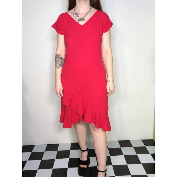 90s Vintage Red Frilly Cotton Tiered Boho Beach Summer Midi Dress Sz Small - Picture 3 of 7